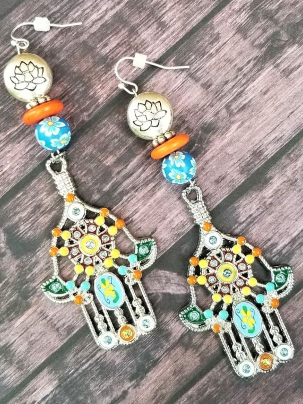 Artisan Boho Hamsa Hand Earrings, Lotus Floral Beads, Colorful Statement Dangle - Picture 4 of 4